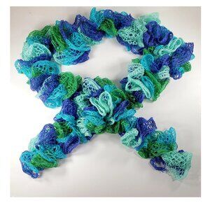 Blue and Green Sashay Yarn Fashion Ruffled Spirit Scarf Handmade by GranolaBean